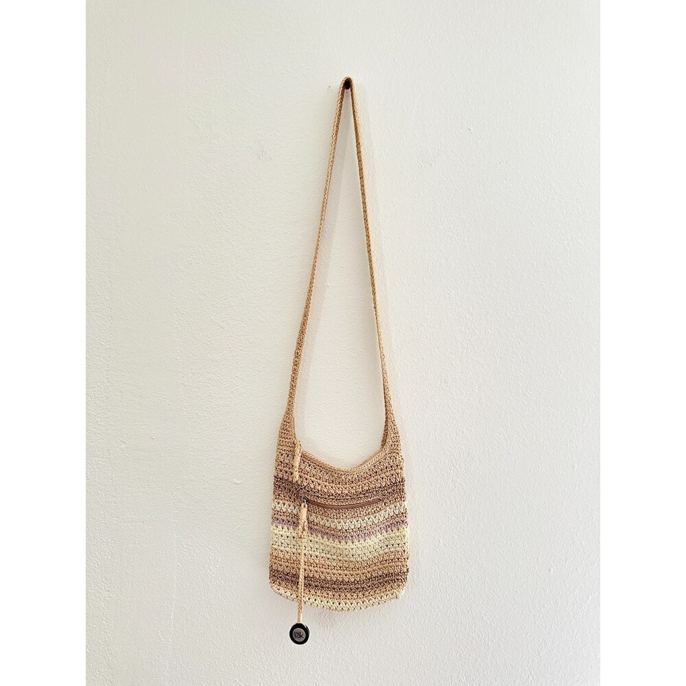 The Sak Crossbody Crochet Stripe Knit Bag Zipper Lined Beige Beach Vacation